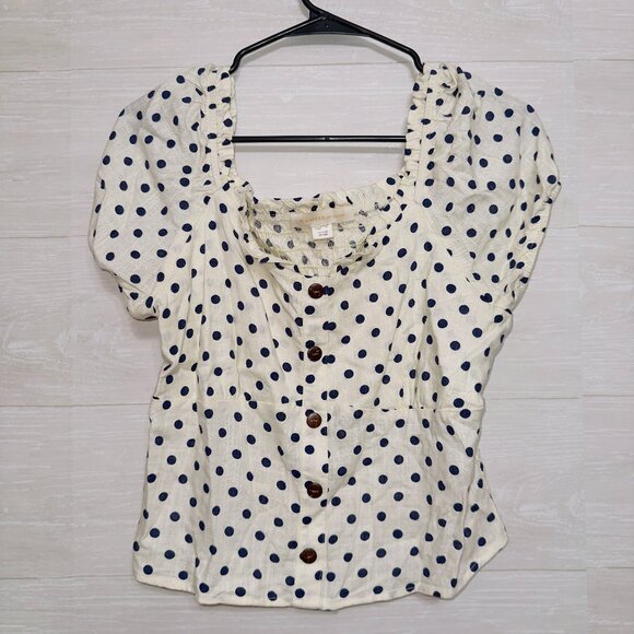 Monteau Women's Small White Polka Dot Short Sleeve Linen Blend Button Up Shirt - Picture 2 of 7